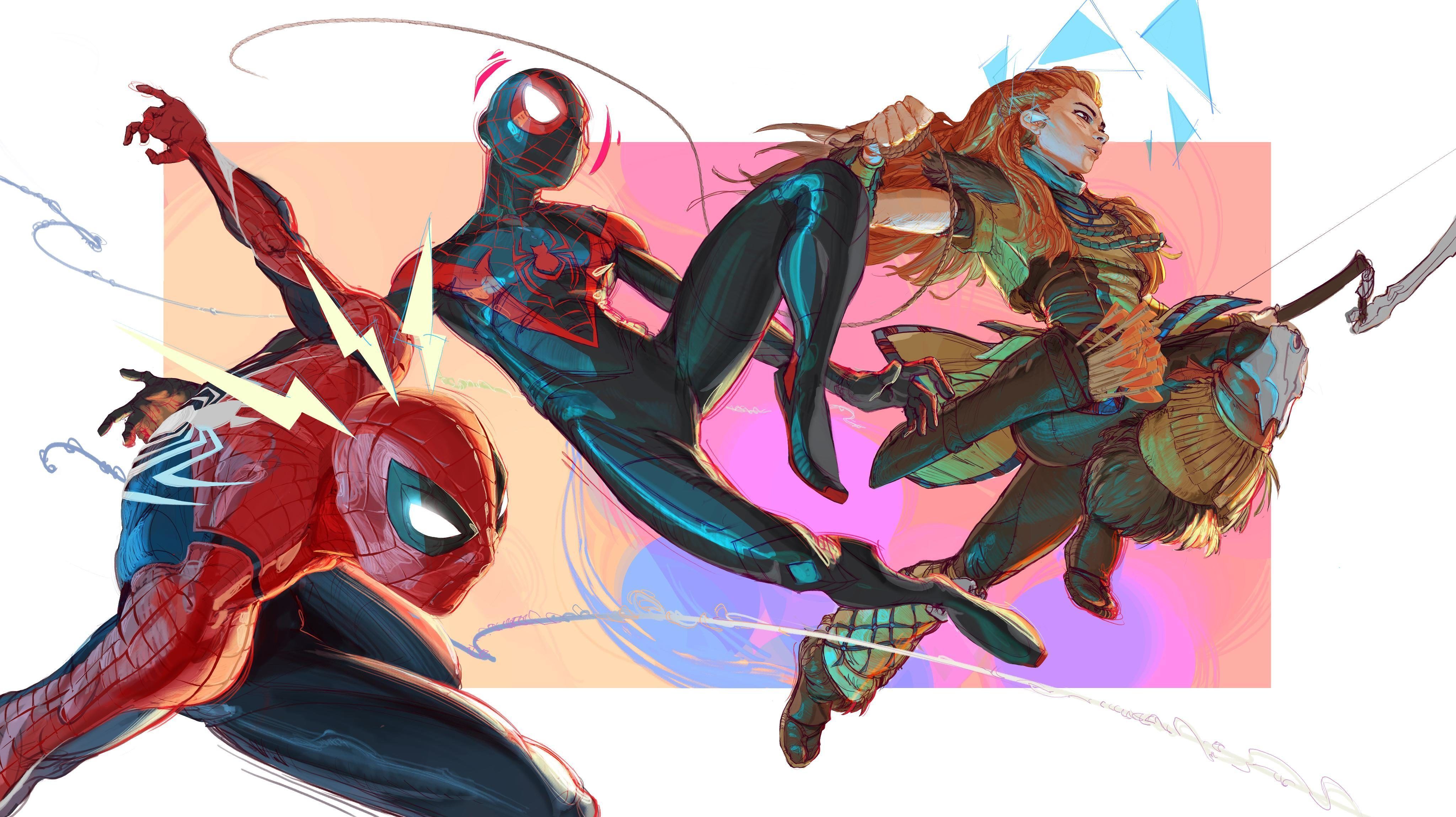 Элой и Кратос веселяться с Пауками: Студии Sony поделились артами в честь релиза Marvel's Spider-Man 2 |4
